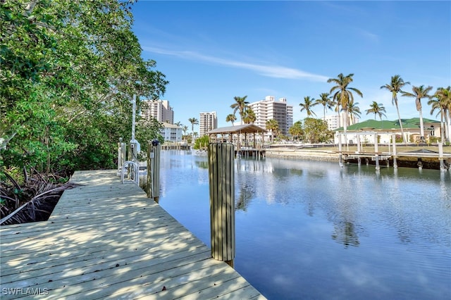 view of dock with a water view