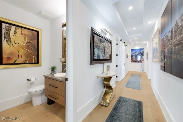 hallway with light wood-type flooring, a barn door, a tray ceiling, and sink