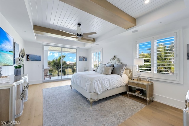 bedroom featuring access to outside, ceiling fan, light wood-type flooring, beam ceiling, and wood ceiling