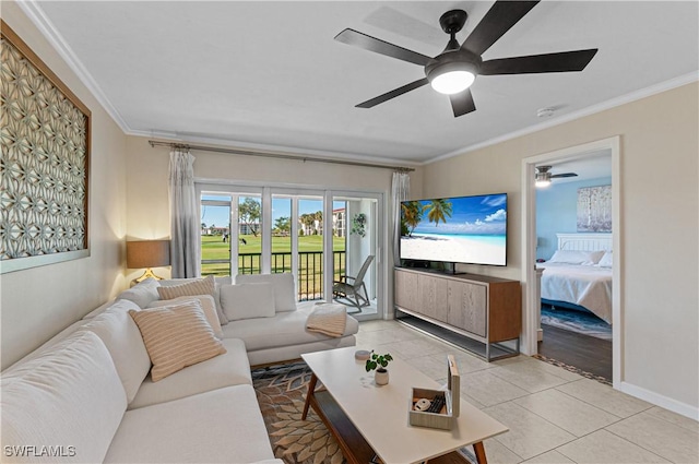 tiled living room with ceiling fan and ornamental molding