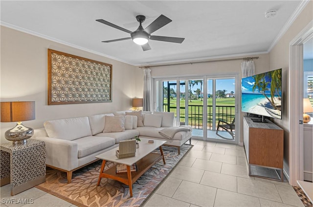 tiled living room featuring ceiling fan and crown molding