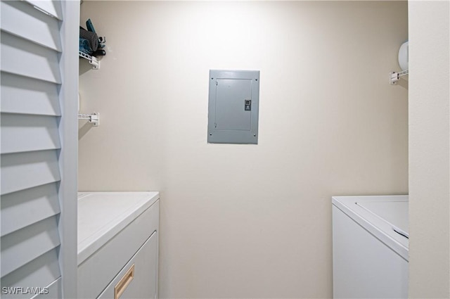 laundry room with washing machine and dryer and electric panel