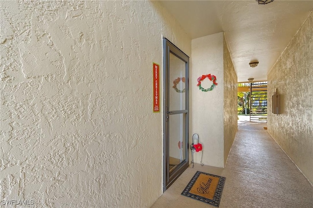 hall with carpet flooring and a textured ceiling