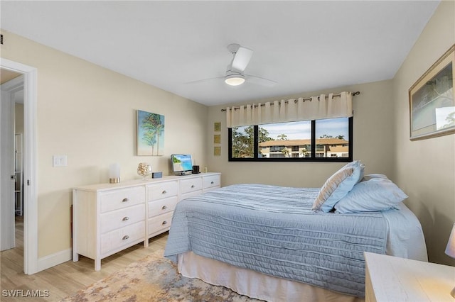 bedroom featuring ceiling fan and light wood-type flooring