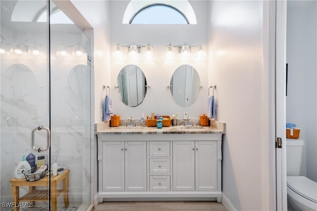 bathroom with vanity, toilet, and walk in shower