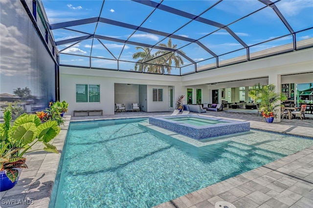 view of swimming pool with glass enclosure, an in ground hot tub, a patio, and an outdoor living space