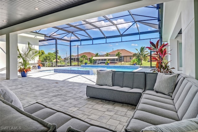 view of patio featuring an outdoor hangout area, glass enclosure, and a pool with connected hot tub