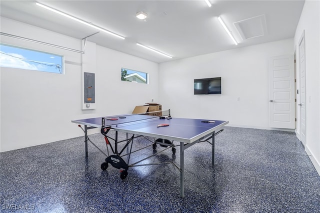 playroom with speckled floor, attic access, a wealth of natural light, and electric panel