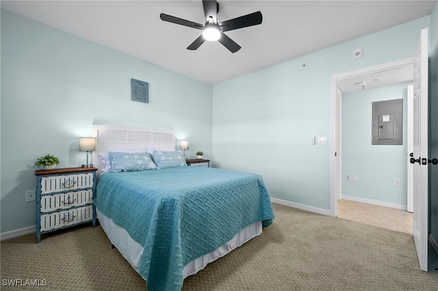 bedroom featuring carpet, ceiling fan, and electric panel