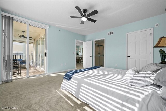 bedroom with carpet flooring, ceiling fan, and access to outside