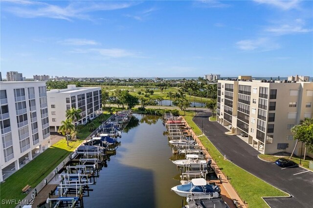 drone / aerial view with a water view