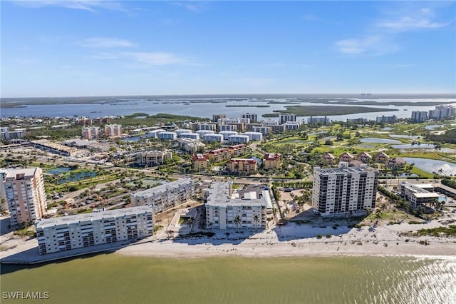 drone / aerial view with a water view and a view of the beach