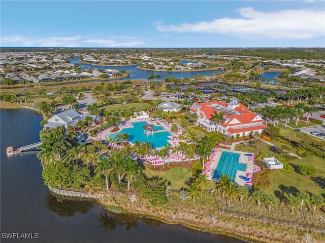 birds eye view of property featuring a water view