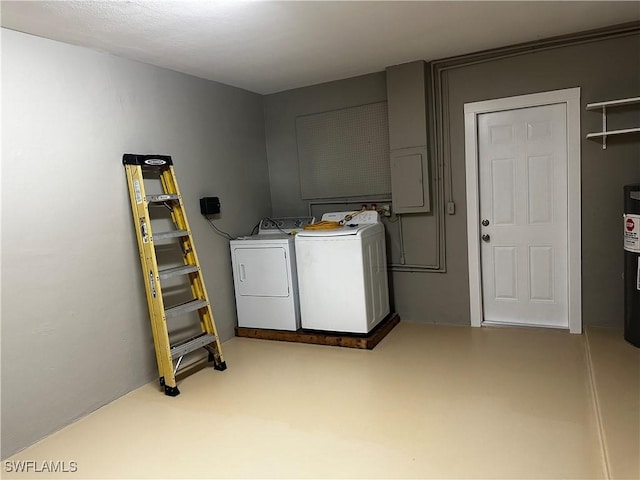 laundry area featuring electric water heater and washer and dryer