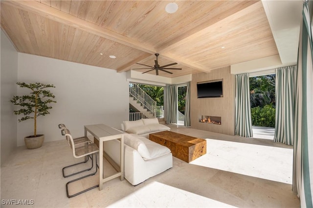 interior space featuring ceiling fan, a wealth of natural light, beamed ceiling, and wooden ceiling