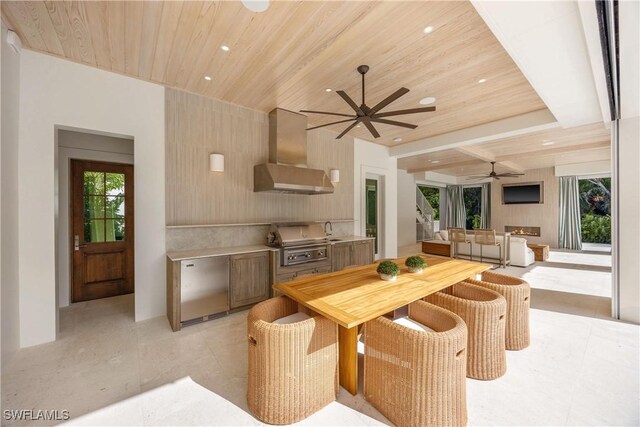 dining space featuring ceiling fan, sink, wood ceiling, and a wealth of natural light