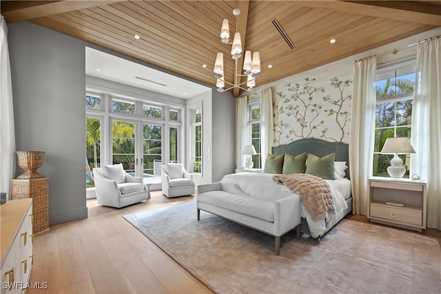 bedroom featuring wooden ceiling, a notable chandelier, light wood-type flooring, french doors, and beam ceiling