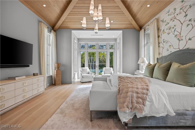 bedroom with beam ceiling, wooden ceiling, an inviting chandelier, and light wood-type flooring