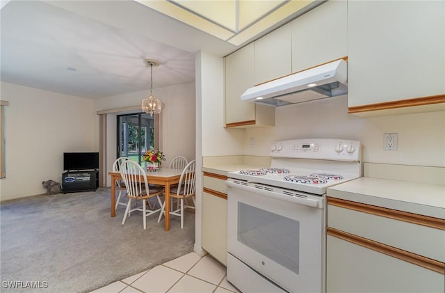 kitchen with light carpet, white range with electric stovetop, pendant lighting, a chandelier, and white cabinetry