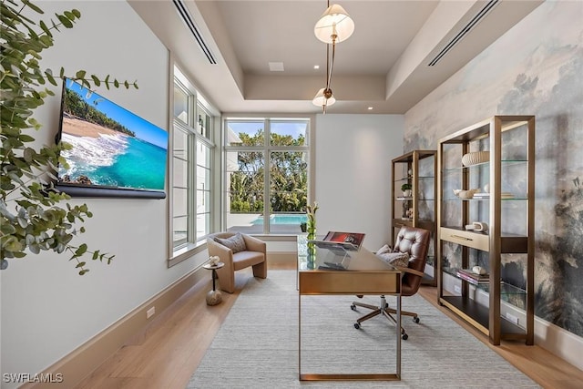 office area featuring a tray ceiling and light hardwood / wood-style flooring