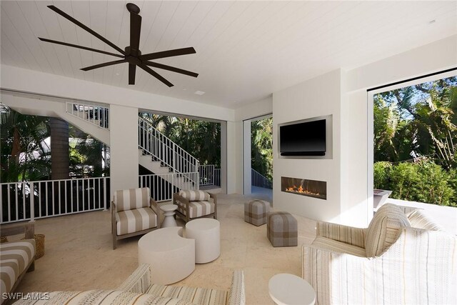 living room with ceiling fan and wooden ceiling