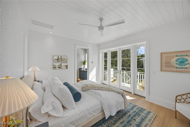 bedroom featuring ceiling fan, french doors, access to outside, wood ceiling, and light wood-type flooring