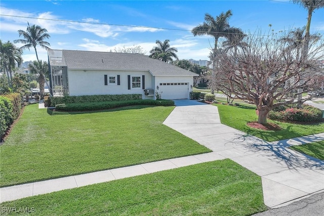 single story home with central AC, a front lawn, and a garage