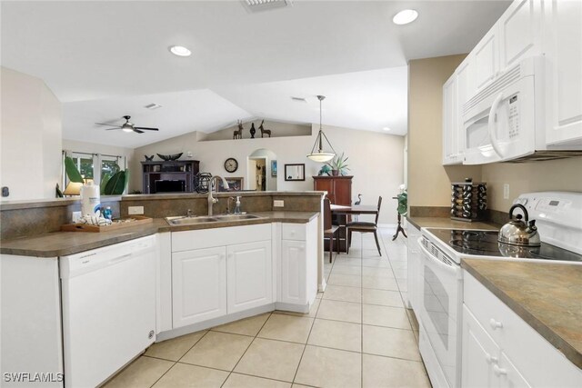 kitchen featuring white cabinetry, sink, ceiling fan, pendant lighting, and white appliances