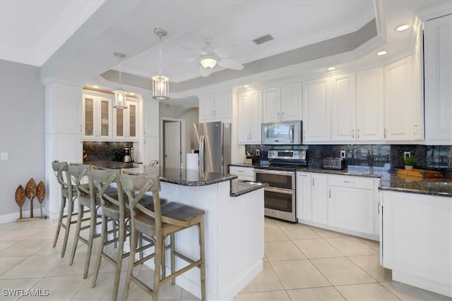 kitchen featuring stainless steel appliances, white cabinetry, ceiling fan, and a tray ceiling