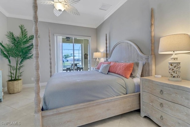 bedroom with ceiling fan, light tile patterned flooring, and crown molding