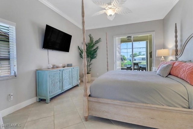 tiled bedroom featuring ceiling fan and crown molding