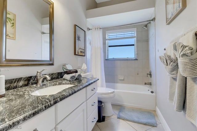 full bathroom with tile patterned flooring, shower / bath combo, vanity, and toilet