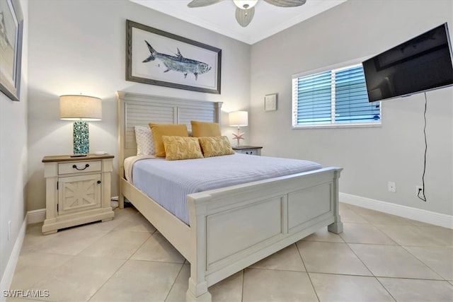 tiled bedroom featuring ceiling fan and crown molding