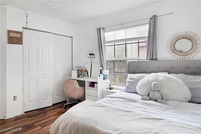 bedroom featuring dark hardwood / wood-style floors and a closet