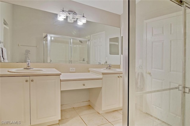 bathroom featuring tile patterned flooring, vanity, and a shower with door