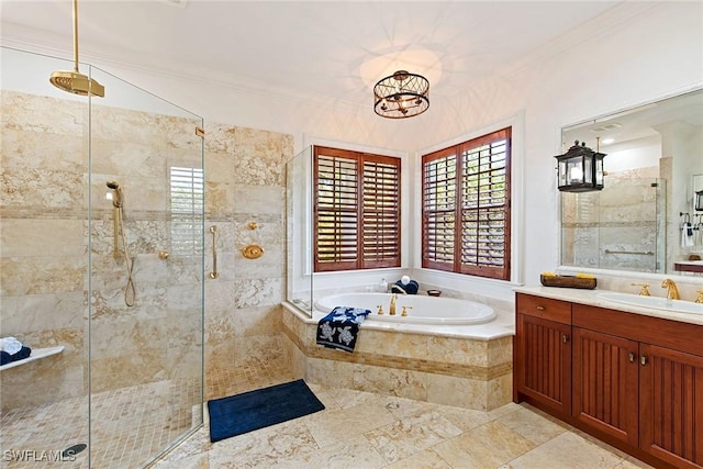 bathroom featuring crown molding, vanity, a notable chandelier, and shower with separate bathtub