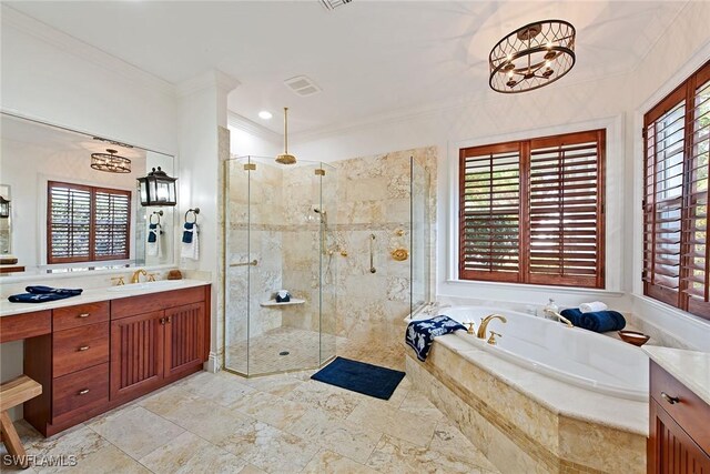 bathroom featuring vanity, plenty of natural light, ornamental molding, and independent shower and bath