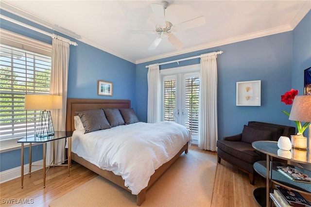 bedroom with access to outside, ceiling fan, crown molding, and light hardwood / wood-style floors