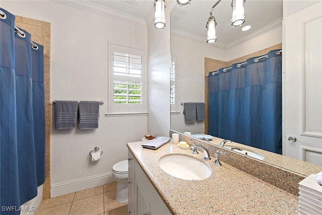 bathroom with a shower with shower curtain, tile patterned floors, vanity, crown molding, and toilet