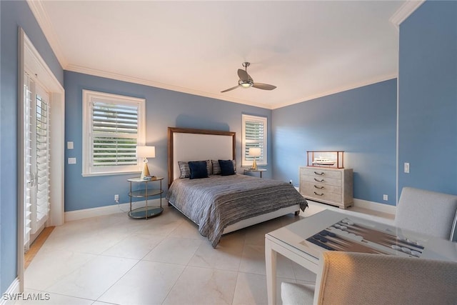 bedroom with ceiling fan and crown molding