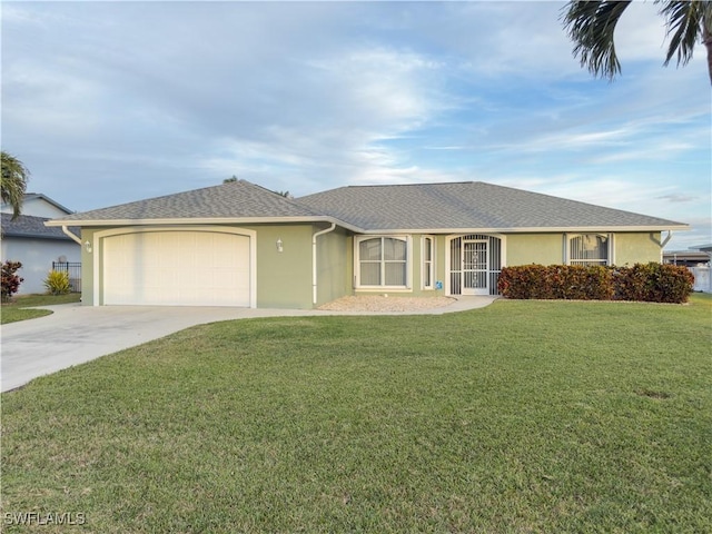 ranch-style house featuring a garage and a front lawn