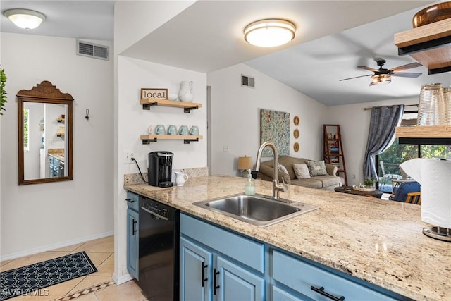 kitchen with blue cabinets, ceiling fan, vaulted ceiling, sink, and black dishwasher