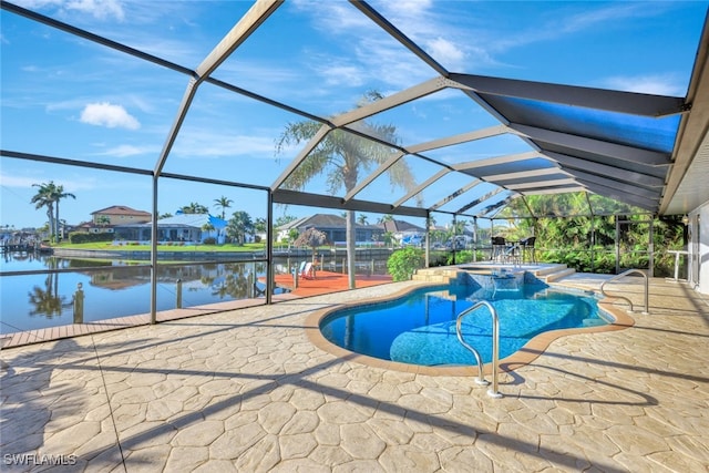 view of swimming pool with a water view, an in ground hot tub, a lanai, and a patio area