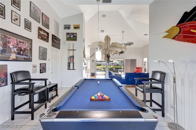 playroom with billiards, light tile patterned floors, high vaulted ceiling, and ceiling fan