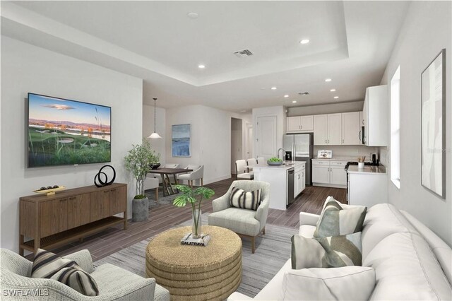 living room featuring a tray ceiling, sink, and dark hardwood / wood-style floors