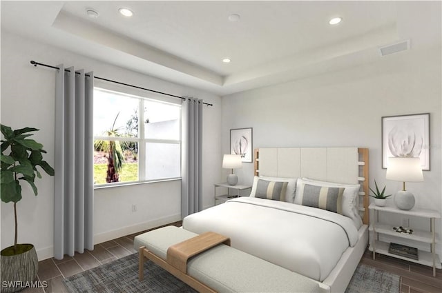 bedroom featuring a tray ceiling, recessed lighting, baseboards, and wood tiled floor