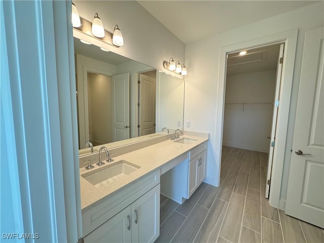 bathroom with double vanity, a spacious closet, wood finish floors, and a sink