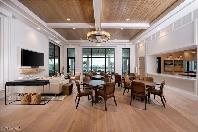 dining room with light wood-type flooring, wooden ceiling, beam ceiling, and an inviting chandelier