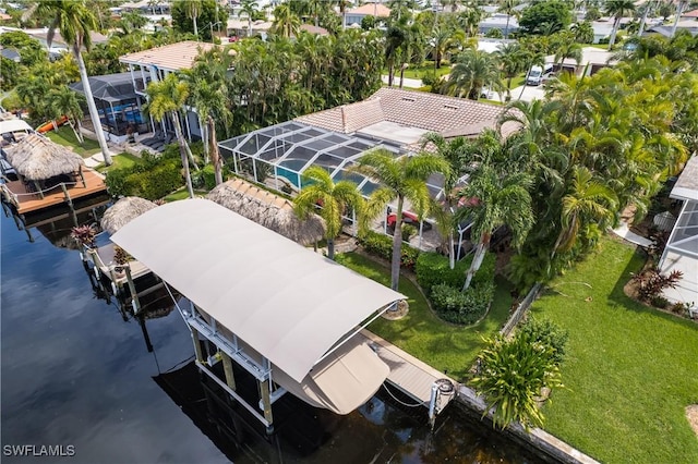 drone / aerial view with a water view