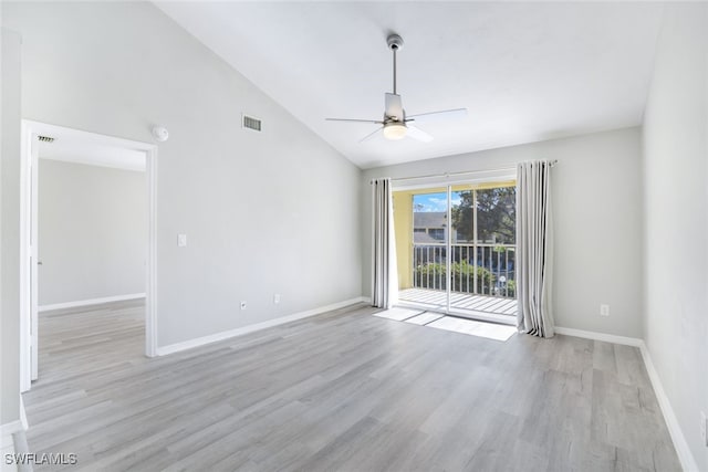 unfurnished room featuring high vaulted ceiling, light hardwood / wood-style flooring, and ceiling fan